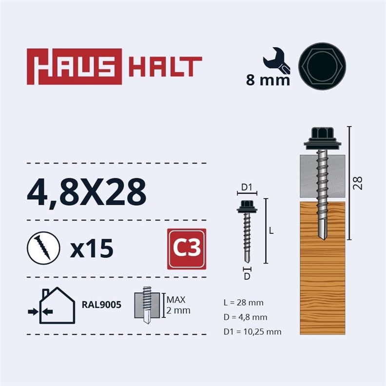 SELF SCR 4.8X28 WOOD+EPMD RAL9005 15PCS