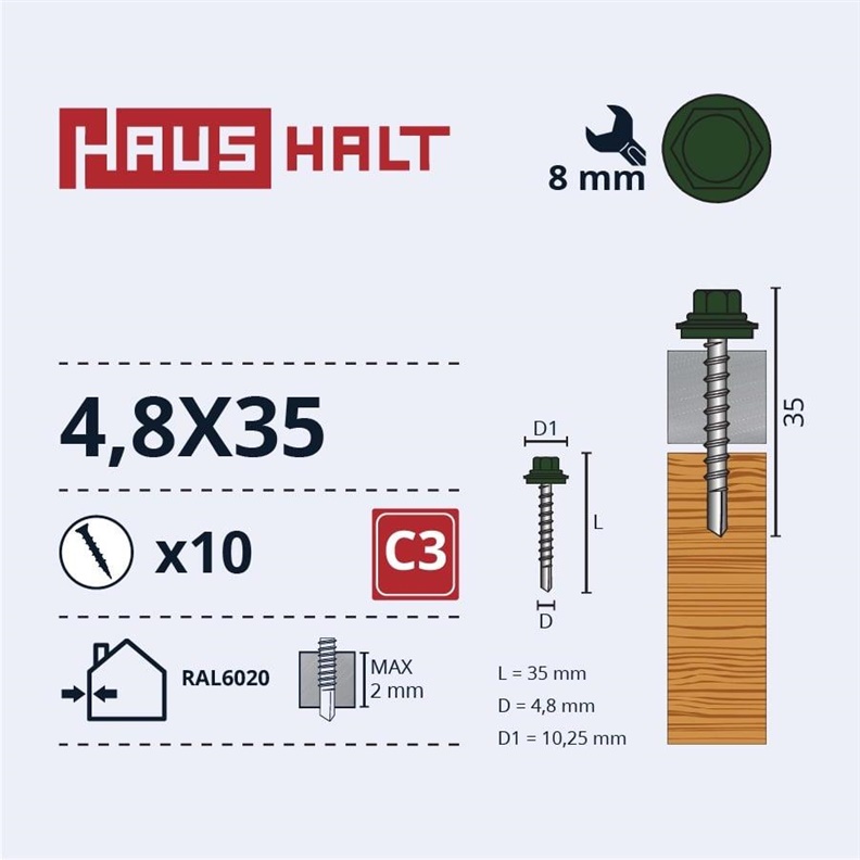 SELF SCR 4.8X35 WOOD+EPMD RAL6020 10PCS