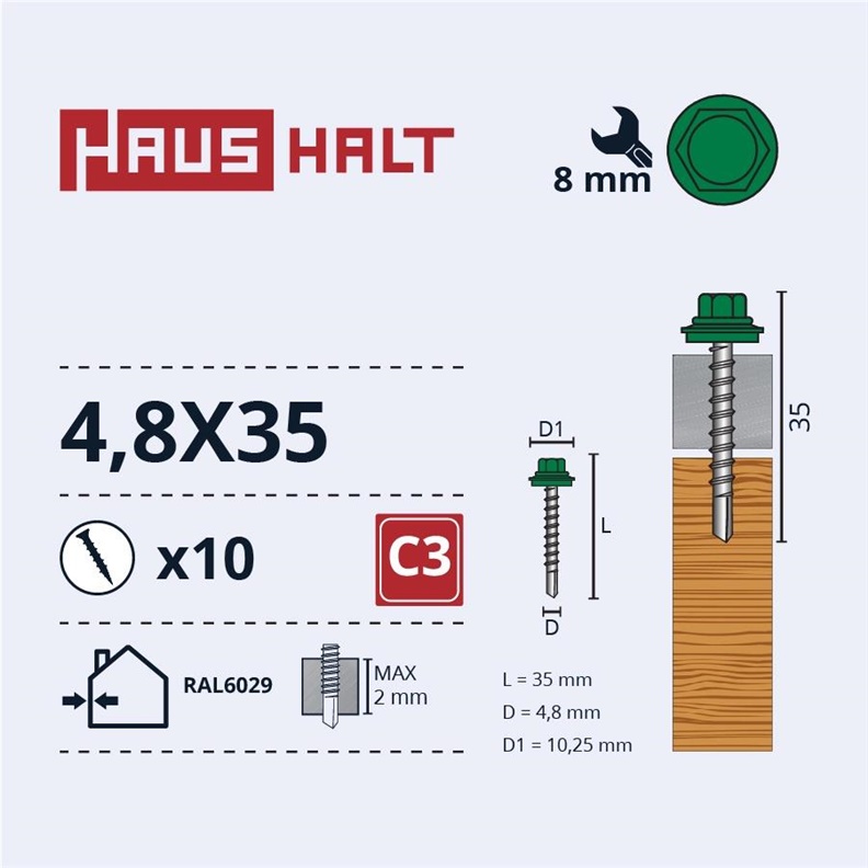 SELF SCR 4.8X35 WOOD+EPMD RAL6029 10PCS