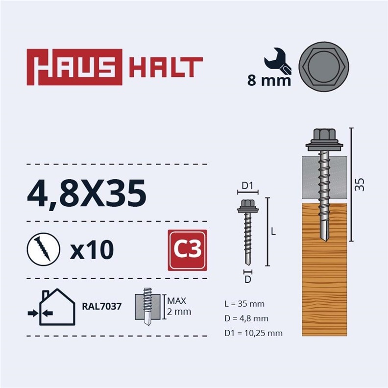 SELF SCR 4.8X35 WOOD+EPMD RAL7037 10PCS