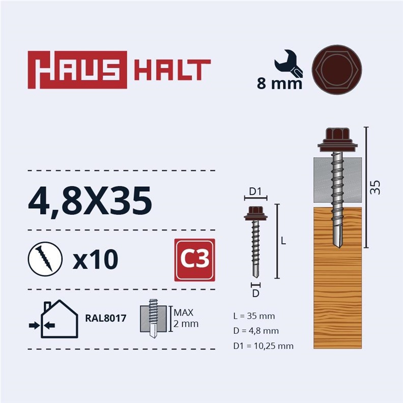 SELF SCR 4.8X35 WOOD+EPMD RAL8017 10PCS