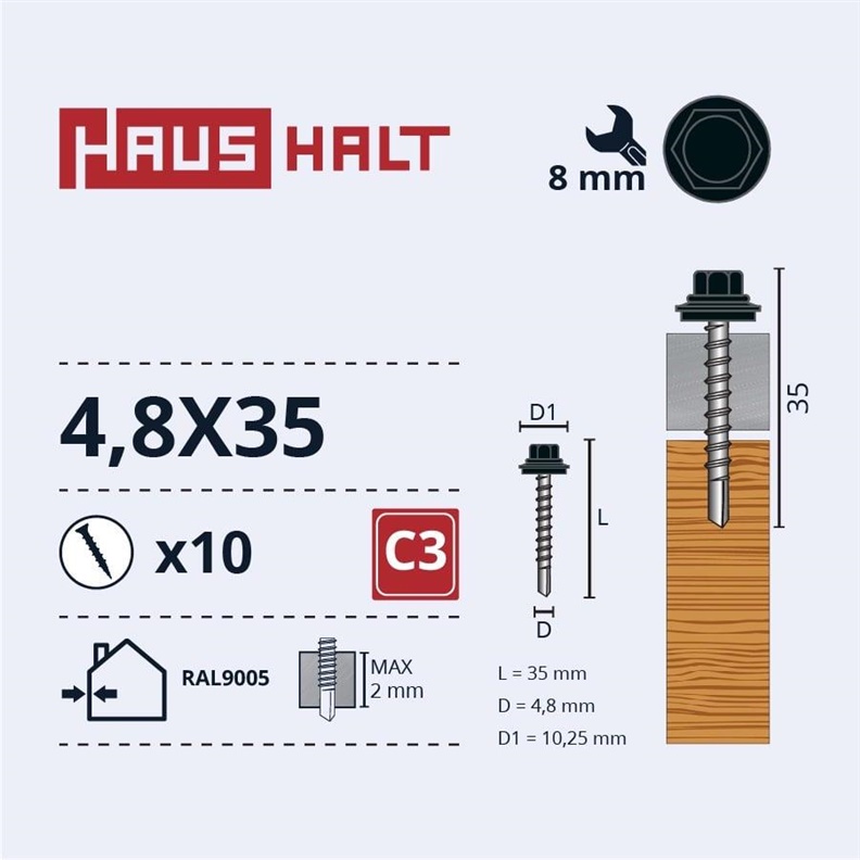 SELF SCR 4.8X35 WOOD+EPMD RAL9005 10PCS