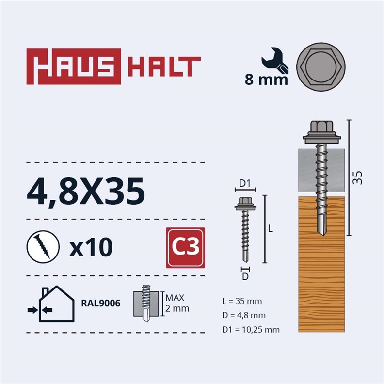 SELF SCR 4.8X35 WOOD+EPMD RAL9006 10PCS