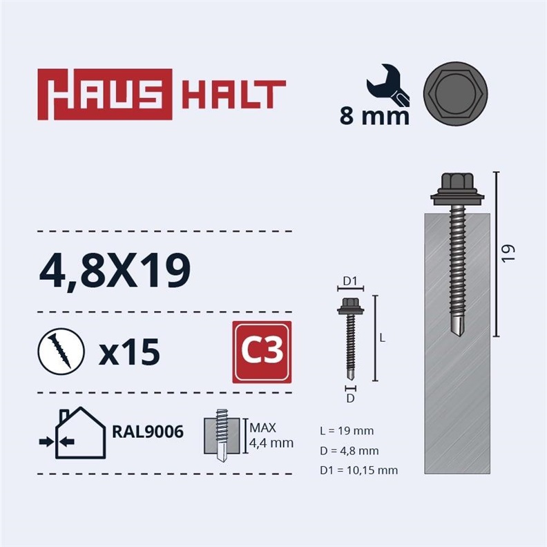 SELF SCR 4.8X19 MET+EPDM RAL9006 15PCS