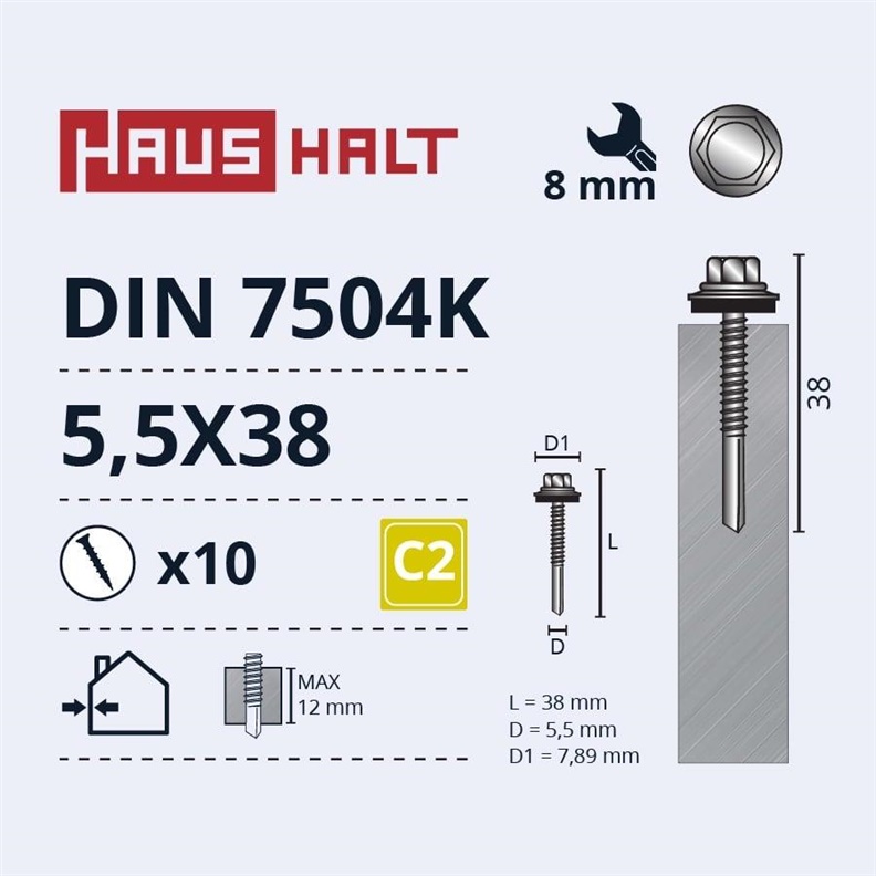 SELF SCR 5.5X38 DIN7504K 12MM+EMPD 10PCS