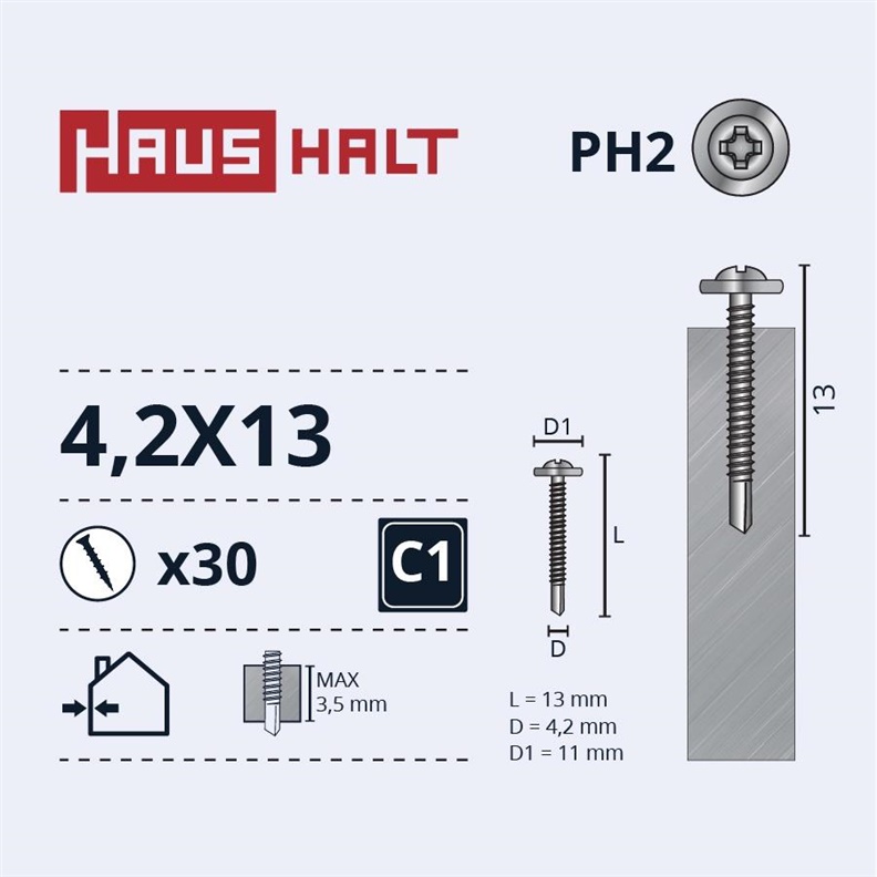 SELF SCR 4.2X13 MET/MET+DRILL ZN 30PCS