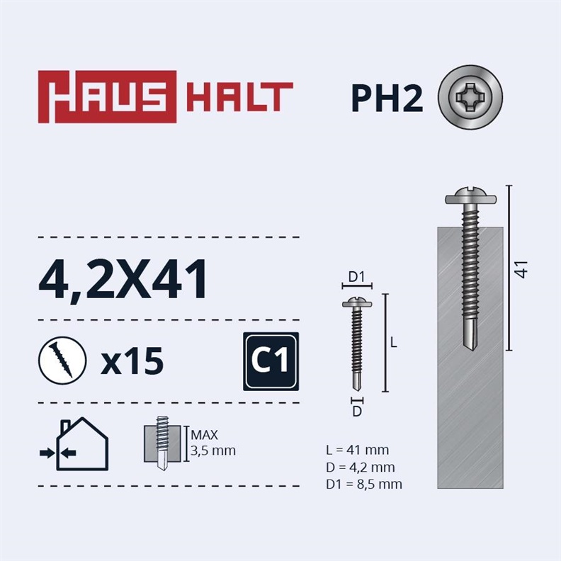 SELF SCR 4.2X41 MET/MET+DRILL ZN 15PCS