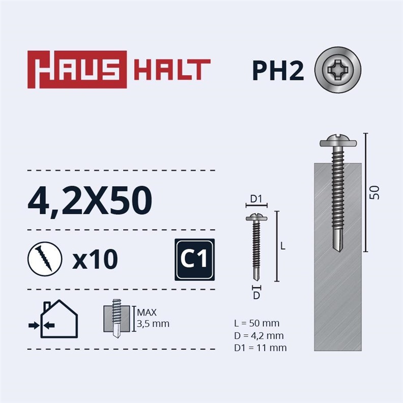 SELF SCR 4.2X50 MET/MET+DRILL ZN 10PCS