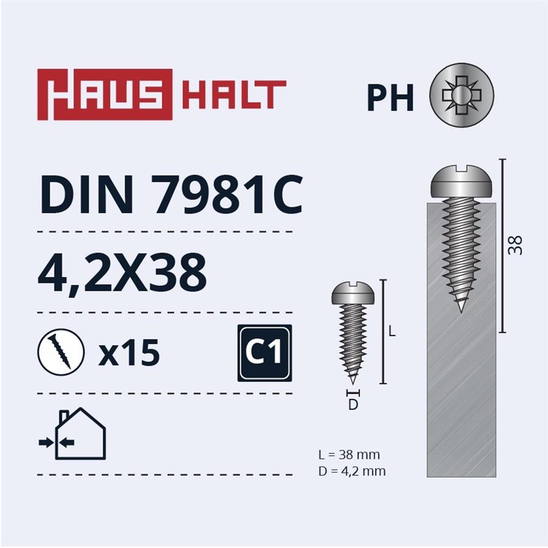 Savisriegiai Haushalt. DIN 7981C. 4.2 x 38 mm. 15 vnt.