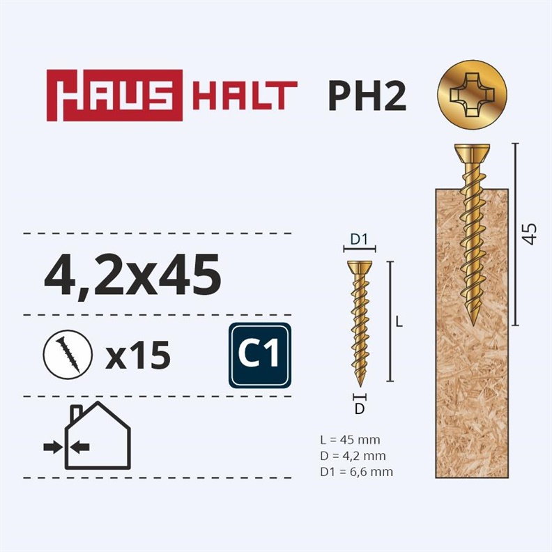 Medsraigčiai Haushalt. 4.2 x 45 mm. ZN. PH. 15 vnt.