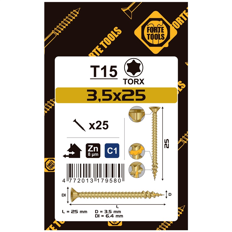 CHIPBOARD SCR T15 3.5X25 YELL ZN25PCS