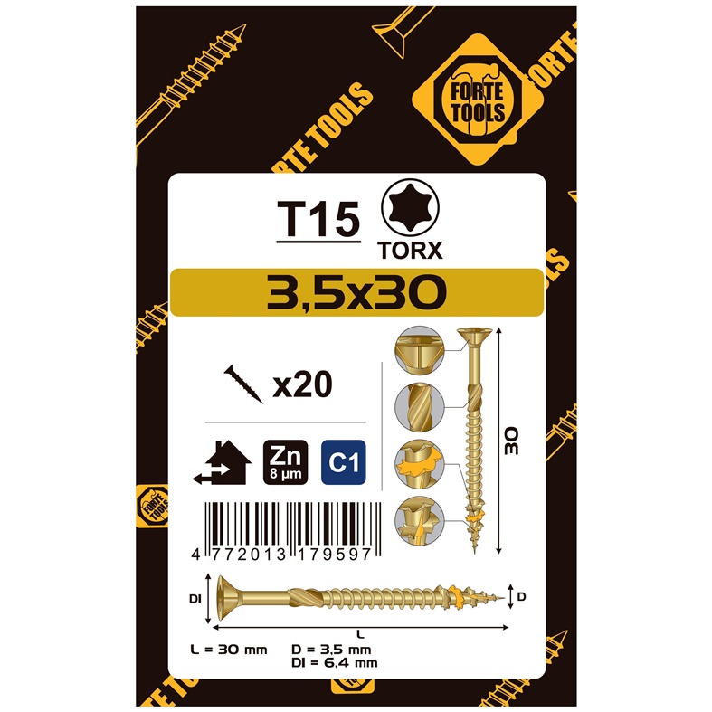 CHIPBOARD SCR T15 3.5X30 YELL ZN20PCS