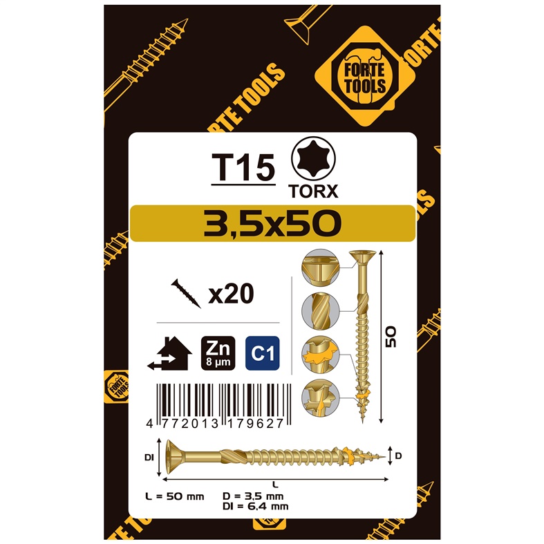 CHIPBOARD SCR T15 3.5X50 YELL ZN20PCS