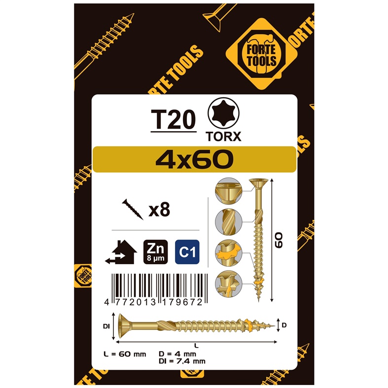 CHIPBOARD SCR T20 4.0X60 YELL ZN8PCS