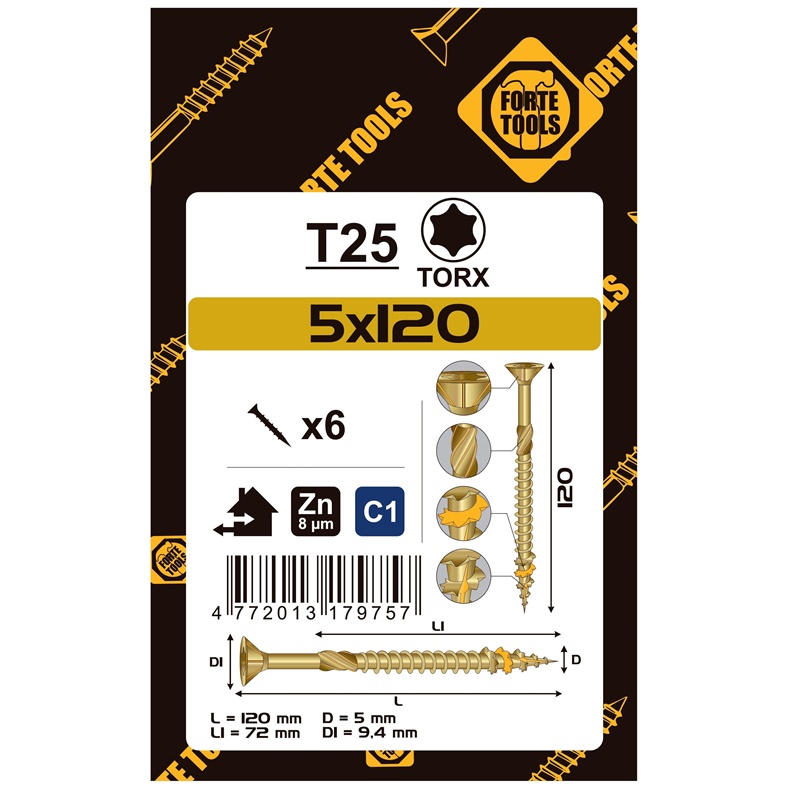 CHIPBOARD SCR T25 5.0X120/72 YELL ZN6PCS