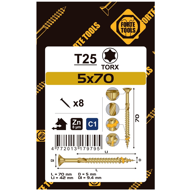 CHIPBOARD SCR T25 5.0X70/42 YELL ZN8PCS