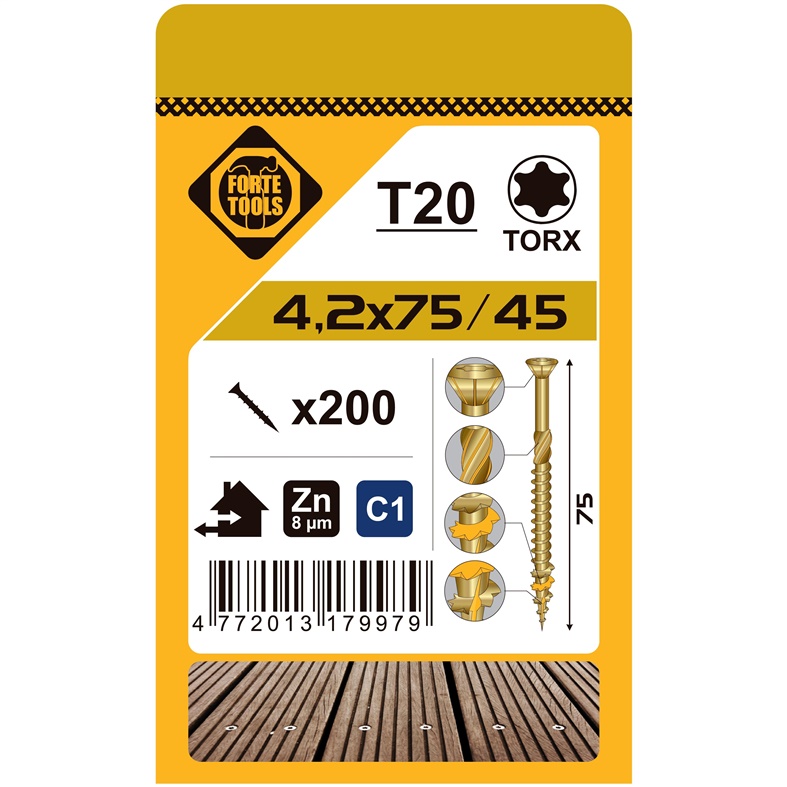 TERASES SKRŪVES T20 4.2X75 DZELTENĀ ZN 200